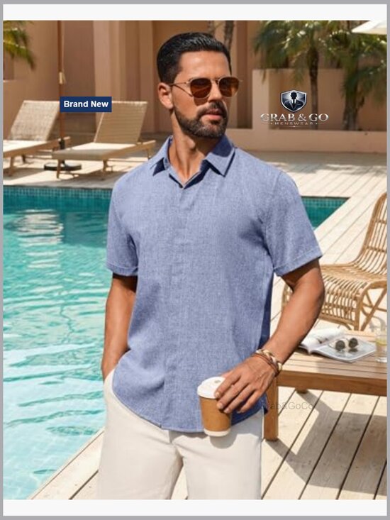 Men's Linen Blend Short Sleeve Button Down Shirt Relaxed Fit Summer Casual - Picture 3 of 7